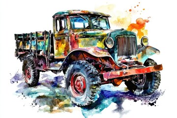 Vintage truck illustration on watercolor background