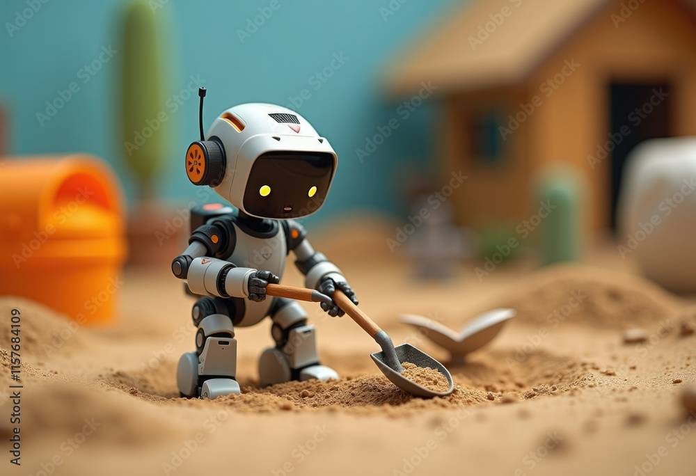 Poster a small robot with a shovel digs in the sand.
