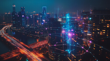 Obraz premium Smart digital Innovation city with connection network reciprocity over the cityscape. of future smart wireless digital city and social media networking systems that connects people with in city