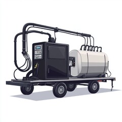 Illustration of a modern mobile industrial equipment trailer with a black control unit and large storage tank.