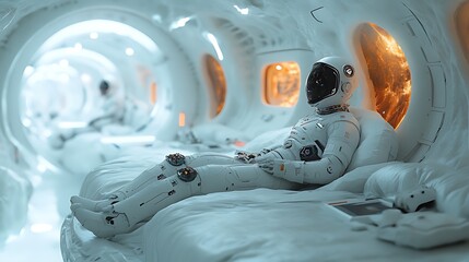 Astronaut robot resting in futuristic spaceship cabin.