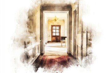 A hallway leads to a closed door with a wooden frame and a doorknob