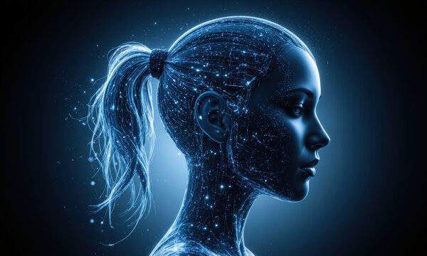 A futuristic silhouette of a female figure, created entirely from a web of glowing mathematical symbols and numbers. The digits