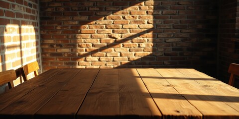 Obraz premium Rustic Wooden Table Illuminated by Sunlight Against a Brick Wall Background