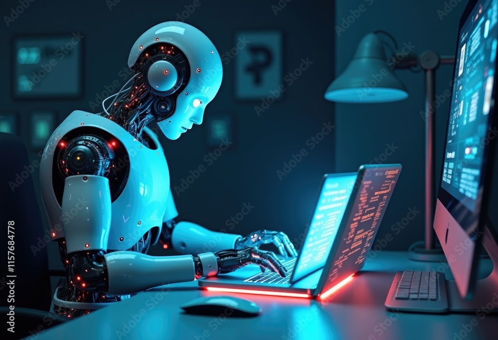 Poster a humanoid robot works on a laptop and a desktop computer in a dimly lit office.