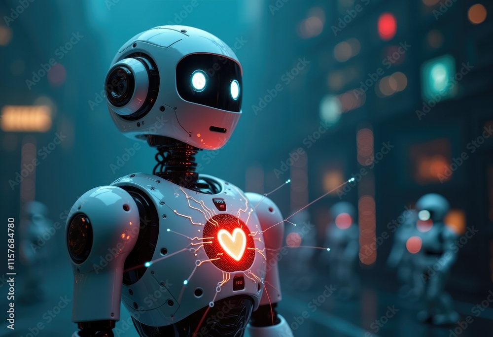 Poster a white robot with a red heart in its chest stands in a futuristic city.