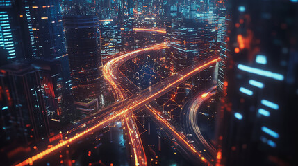 Fototapeta premium Smart digital Innovation city with connection network reciprocity over the cityscape. of future smart wireless digital city and social media networking systems that connects people with in city