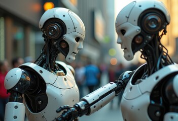 Fototapeta premium Humanoid robots conversing in city street.