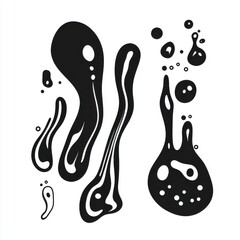 Obraz premium Abstract black liquid shapes with varying sizes and bubbles, creating a dynamic and fluid visual effect.