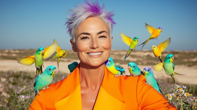 Vibrant woman with parakeets in colorful landscape