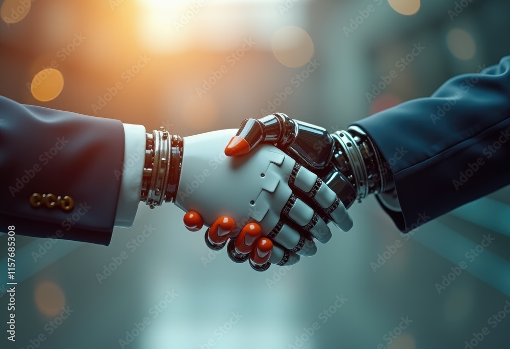 Poster a human and robot shake hands symbolizing collaboration and the future of technology.