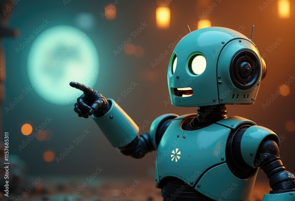 Poster a teal robot with glowing eyes points its finger towards a blurry light in the background.