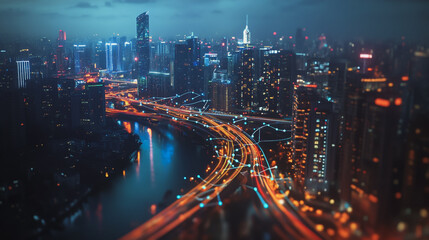 Smart digital Innovation city with connection network reciprocity over the cityscape. of future smart wireless digital city and social media networking systems that connects people with in city