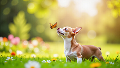 Fototapeta premium Charming chihuahua puppy gazing at fluttering butterfly in garden, joy