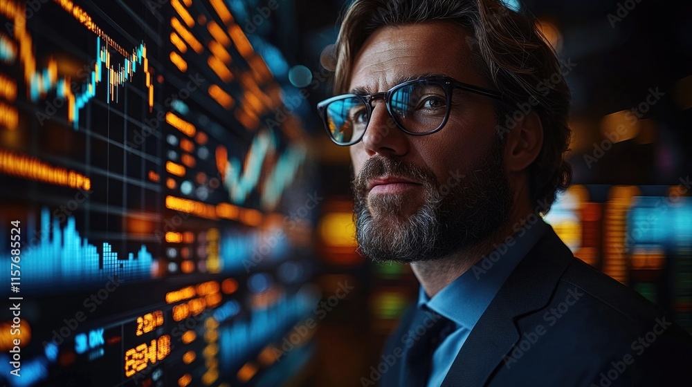 Poster man in a suit looks at financial display, potential for business or finance use