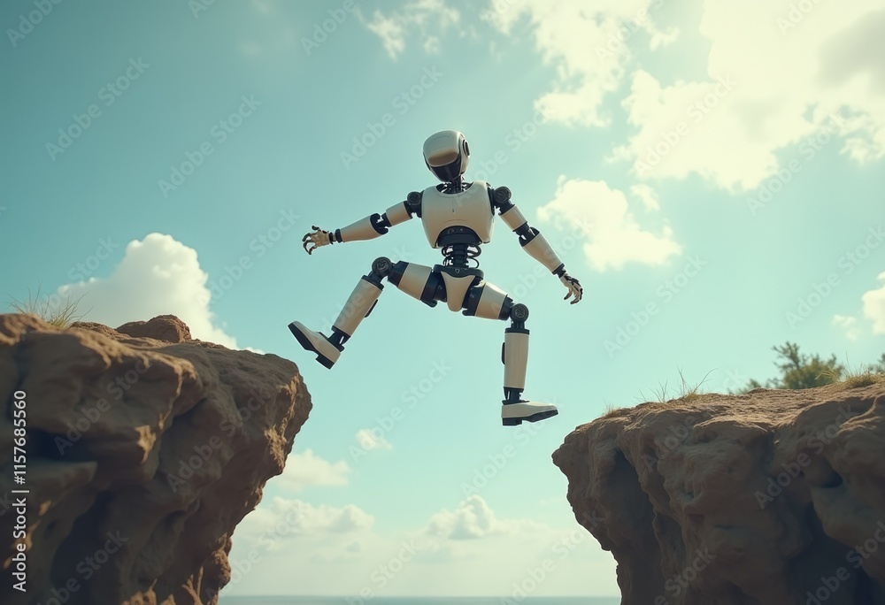 Poster A white humanoid robot leaps across a gap between two cliffs.