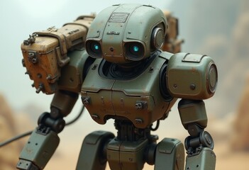 A green  rusty  robot with glowing blue eyes and a large weapon attached to its back.