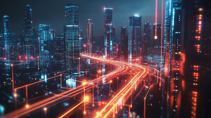 Fototapeta premium Smart digital Innovation city with connection network reciprocity over the cityscape. of future smart wireless digital city and social media networking systems that connects people with in city