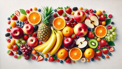 Vibrant Assortment of Fresh Fruits Including Pineapple, Berries, Citrus, Bananas, Apples, Grapes, and Kiwi
