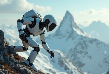 A white robot stands on a snowy mountain peak  looking down at the vast  snowy landscape.