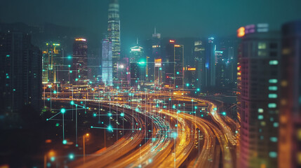 Fototapeta premium Smart digital Innovation city with connection network reciprocity over the cityscape. of future smart wireless digital city and social media networking systems that connects people with in city