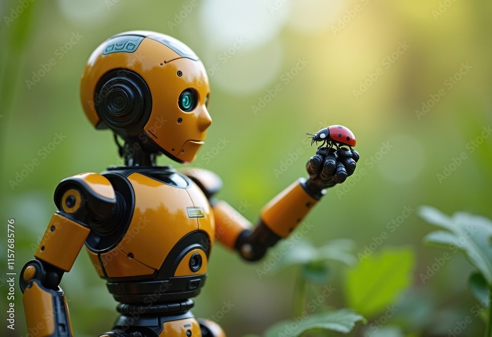 Poster a yellow robot holds a ladybug in its hand surrounded by green foliage.