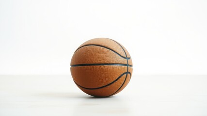 Obraz premium A single basketball rests on a light-colored surface against a bright white background
