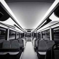 Fototapeta premium Interior view of a modern bus showcasing sleek design and bright lighting.