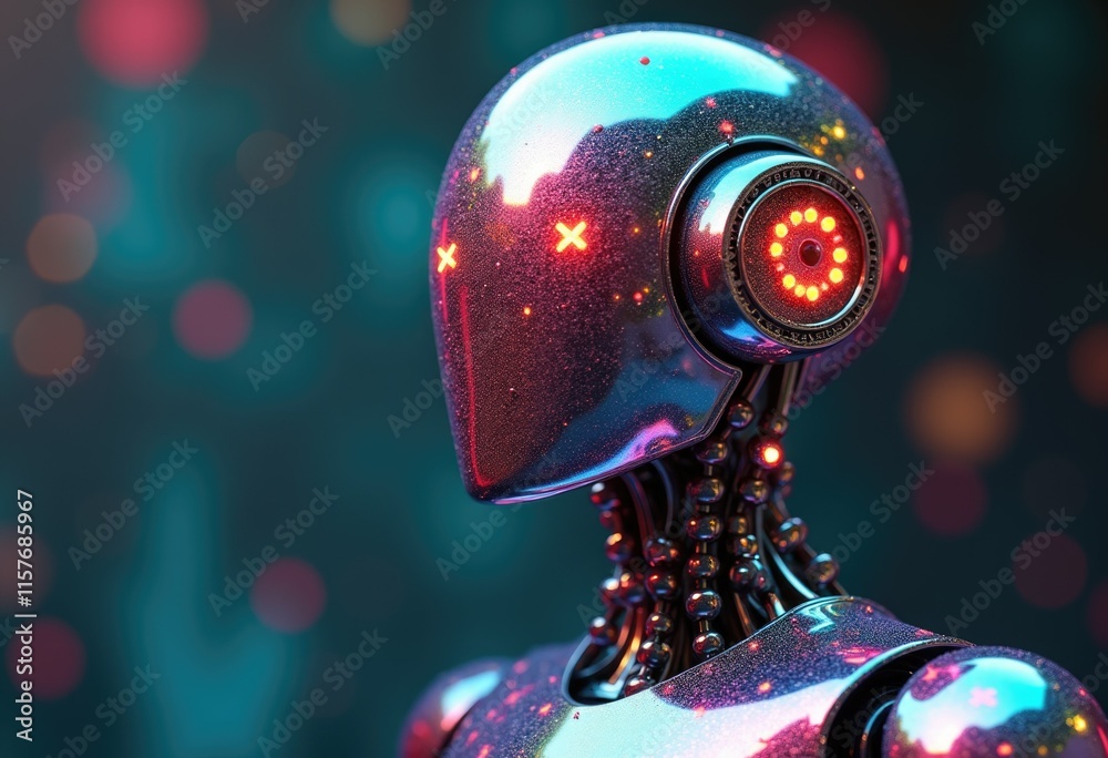 Aufkleber a close up of a metallic robot's head with glowing red eyes and a circular light.
