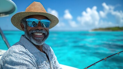 A smiling man in a straw hat enjoys fishing on a boat in clear turquoise waters.