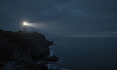 A solitary lighthouse perched on a rocky cliff, with the vast, dark ocean stretching out below. The lighthouse's light shines