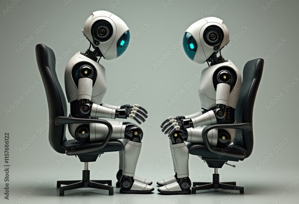 Poster two humanoid robots dressed in white are seated in office chairs facing each other.
