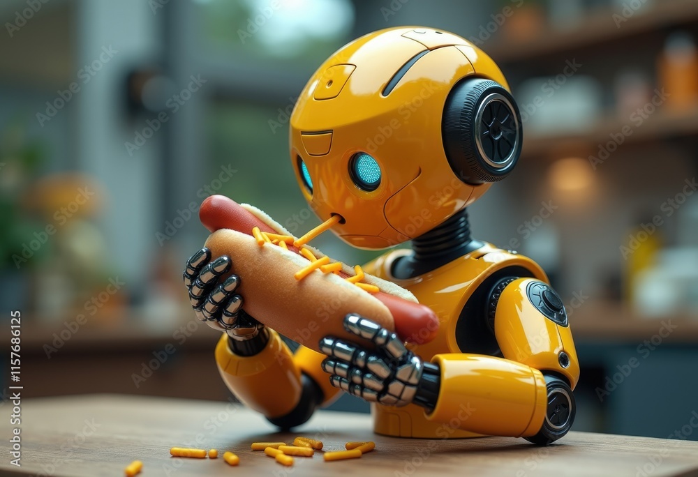 Poster a yellow robot holds a hot dog with cheese and is about to take a bite.