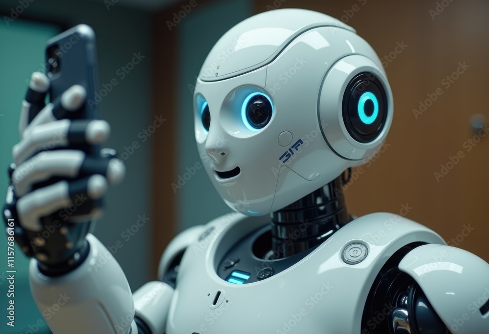 Poster a white humanoid robot holds a smartphone looking at the screen.