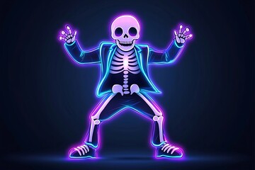 Skeleton in Suit Dancing Under Neon Lights at Halloween Party