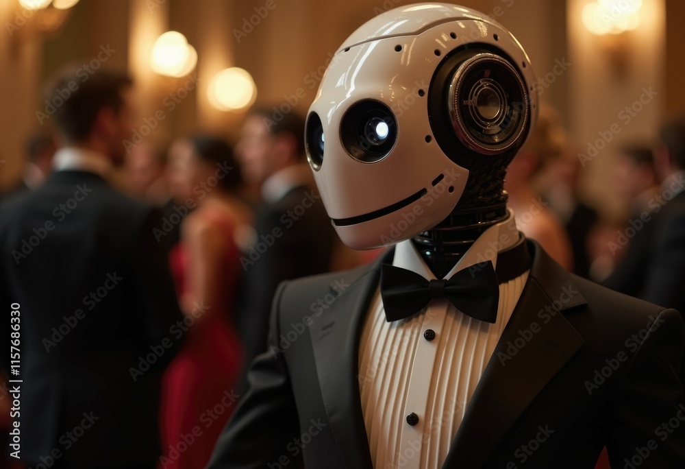 Poster A humanoid robot in a tuxedo  attending a formal event.