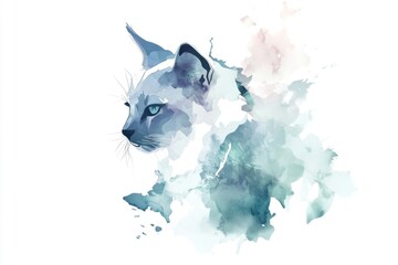 A beautiful watercolor illustration of a cat featuring piercing blue eyes