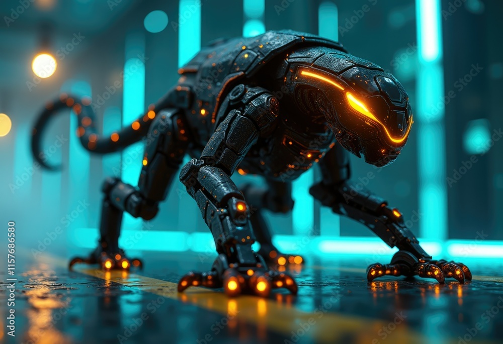 Poster a robotic creature with glowing orange eyes crouches in a futuristic setting.