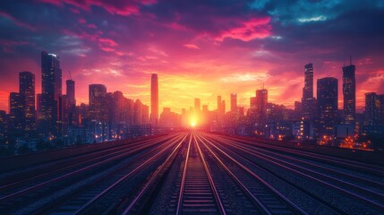 Fototapeta premium Vibrant sunset over futuristic city skyline viewed from train tracks.