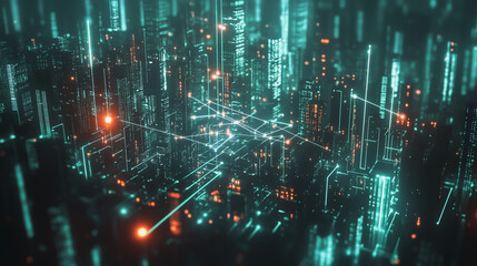 Fototapeta premium Smart digital Innovation city with connection network reciprocity over the cityscape. of future smart wireless digital city and social media networking systems that connects people with in city