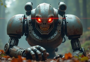 Fototapeta premium A robotic creature with glowing red eyes and a menacing grin crawls through a forest.