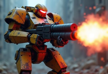 A yellow robotic soldier fires a double barreled weapon in a post apocalyptic setting.