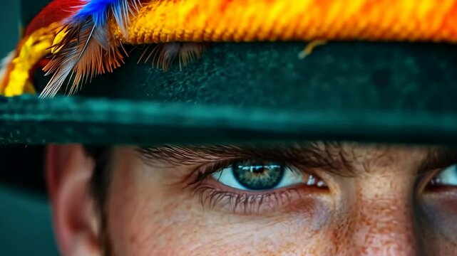 Close-up of a German man&rsquo;s blue eye wearing a Bavarian hat at Oktoberfest, capturing vibrant details of traditional attire and expression