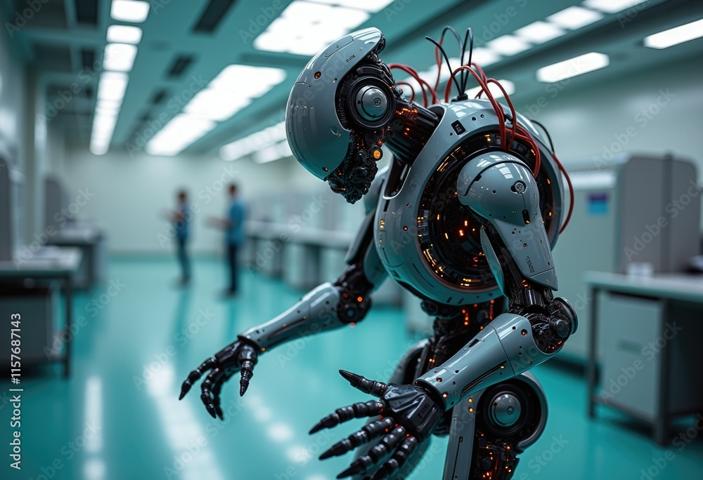 Poster a futuristic robot with glowing lights stands in a sterile laboratory.