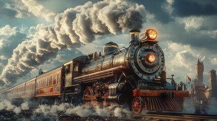 Vintage steam train speeding through dramatic cloudscape towards city.