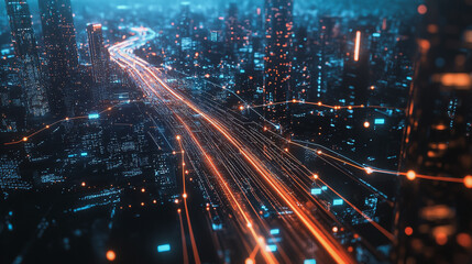 Fototapeta premium Smart digital Innovation city with connection network reciprocity over the cityscape. of future smart wireless digital city and social media networking systems that connects people with in city
