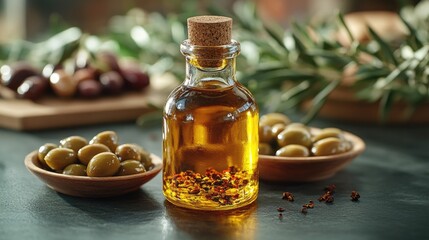 A bottle of olive oil sits next to a bowl of olives, perfect for use in cooking or as a decorative centerpiece