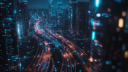 Fototapeta premium Smart digital Innovation city with connection network reciprocity over the cityscape. of future smart wireless digital city and social media networking systems that connects people with in city