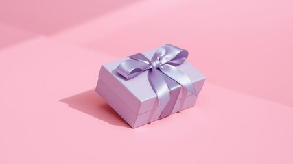Fototapeta premium A lavender gift box with a delicate purple ribbon sits on a pink background, casting a soft shadow