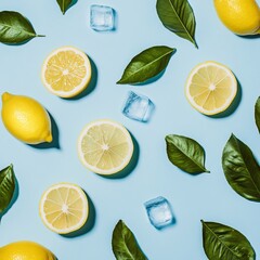 Lemon Slices and Ice with Leaves on Blue Background